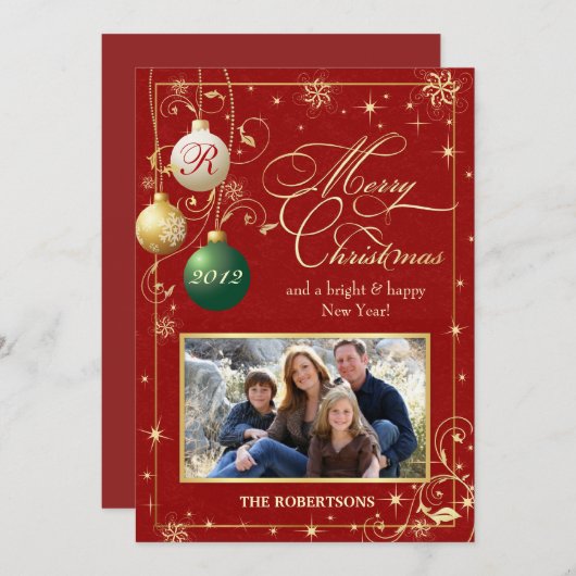 ヴィンテージオーナメントファミリーフォトクリスマスカード シーズンカード (正面/裏面)