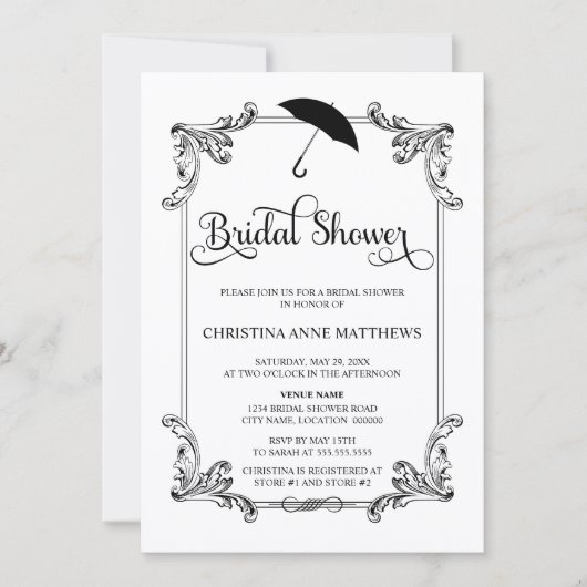 ヴィンテージオーナメント傘スクリプトブライダルシャワー 招待状 (正面)