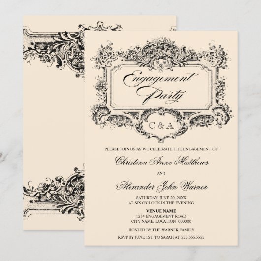 ヴィンテージオーナメント婚約パーティ 招待状 (正面/裏面)