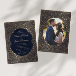ヴィンテージオーナメント金ゴールドフォト結婚式招待状 招待状