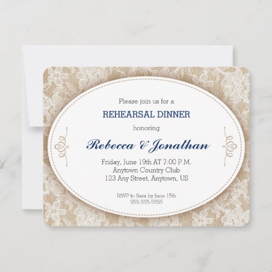 ヴィンテージオーバルオンバーラップ&レースリハーサルディナー 招待状 (正面)