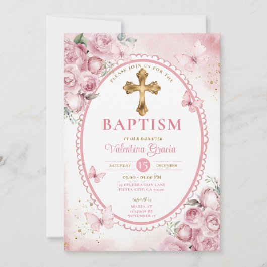 ヴィンテージオーバルピンクバタフライガールバプティスクロス 招待状 (正面)