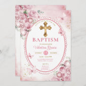 ヴィンテージオーバルピンクバタフライガールバプティスクロス 招待状 (正面/裏面)