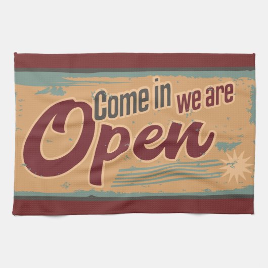 ヴィンテージオープン営業看板レトロカフェガレージ キッチンタオル (横)