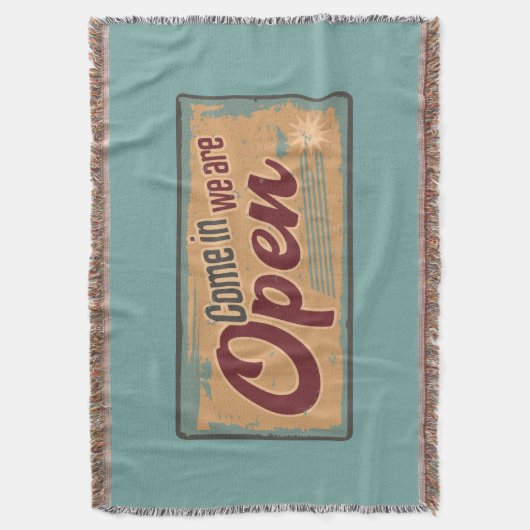 ヴィンテージオープン営業看板レトロカフェガレージ スローブランケット (正面縦)