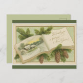 ヴィンテージオープン本と松コーン新年おめでとう ポストカード (正面/裏面)