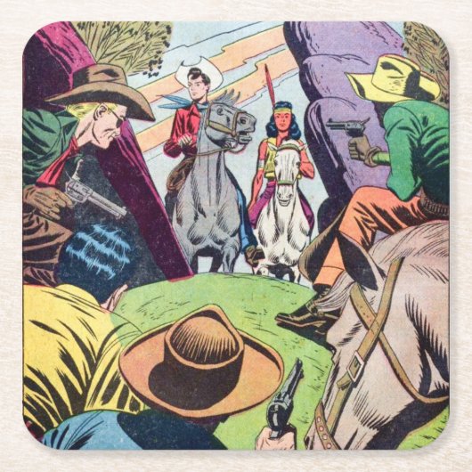 ヴィンテージオールドウェスト漫画ブックシーン スクエアペーパーコースター (正面)