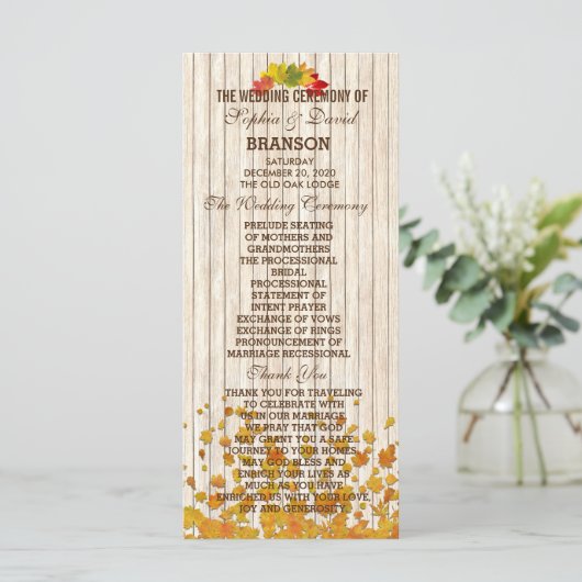 ヴィンテージオールドウッド秋の結婚式プログカスタムラム プログラム (スタンド正面)