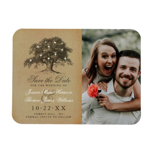 ヴィンテージオールドオークツリー写真ウェディング日付を保存 マグネット (横)