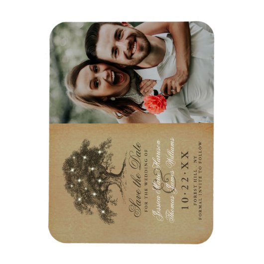 ヴィンテージオールドオークツリー写真ウェディング日付を保存 マグネット (縦)