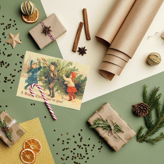 ヴィンテージオールドクリスマスツリーチルドレンズホリデーカード シーズンカード