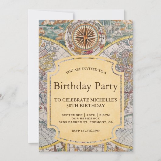 ヴィンテージオールドコンパスワールドマップバースデーパーティー 招待状 (正面)