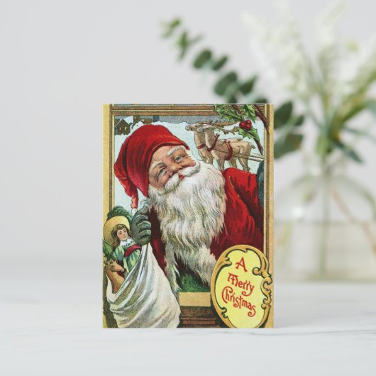 ヴィンテージオールドサンタクロースのおもちゃとトナカイ ポストカード (スタンド正面)