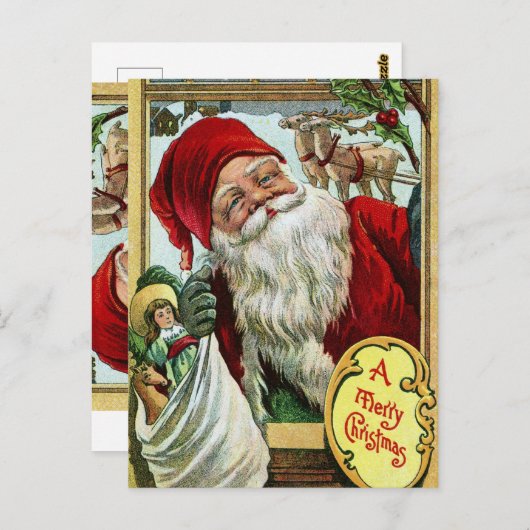 ヴィンテージオールドサンタクロースのおもちゃとトナカイ ポストカード (正面/裏面)