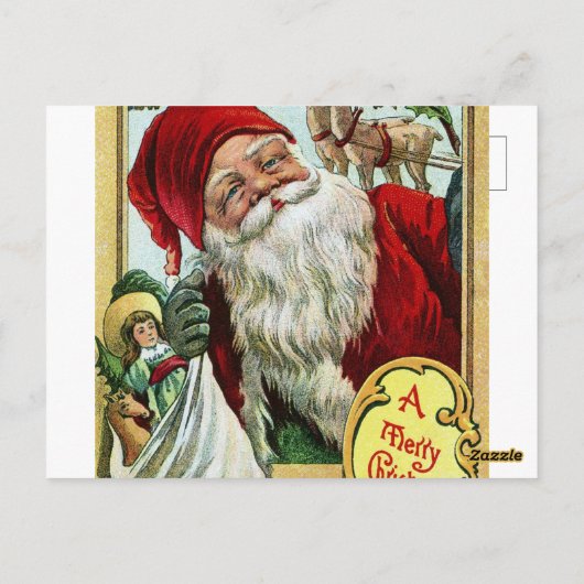 ヴィンテージオールドサンタクロースのおもちゃとトナカイ ポストカード (裏面)