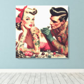 ヴィンテージオールドスクールタトゥーカップルイラストレーション キャンバスプリント (インサイチュ (ウッドフロア))