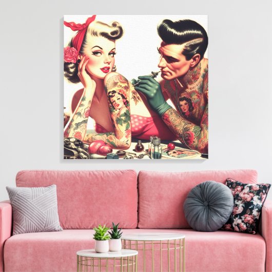 ヴィンテージオールドスクールタトゥーカップルイラストレーション キャンバスプリント (インサイチュ (リビング))
