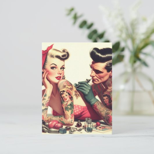 ヴィンテージオールドスクールタトゥーカップルイラストレーション ポストカード (スタンド正面)