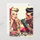 ヴィンテージオールドスクールタトゥーカップルイラストレーション ポストカード (正面/裏面)