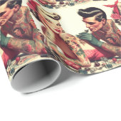 ヴィンテージオールドスクールタトゥーカップルイラストレーション ラッピングペーパー (ロールコーナー)