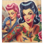 ヴィンテージオールドスクールタトゥーガールズ シャワーカーテン (正面)