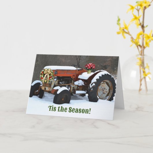ヴィンテージオールドトラクタースノーファームスタイルクリスマス カード (黄色い花)
