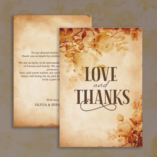 ヴィンテージオールドパーチメントとバラ結婚ズ サンキューカード