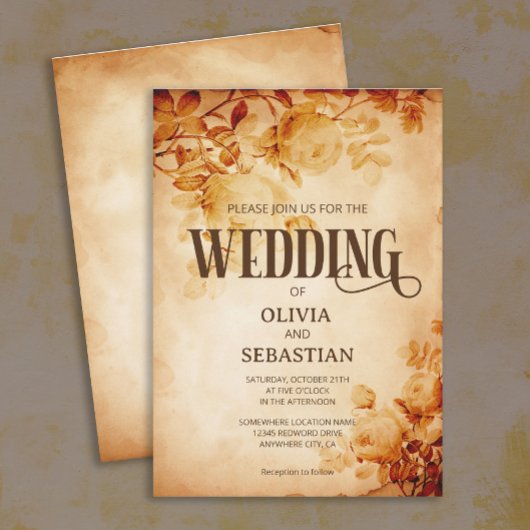 ヴィンテージオールドパーチメントとバラ結婚ズ 招待状