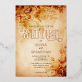 ヴィンテージオールドパーチメントとバラ結婚ズ 箔招待状 (正面)