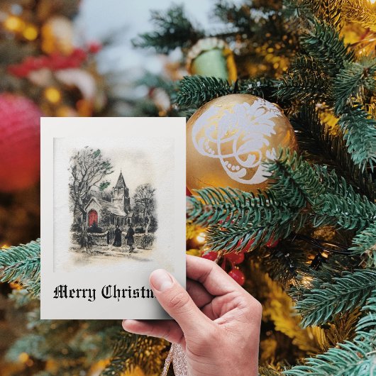 ヴィンテージオールドファッションドクリスマスチャーチ白黒 シーズンカード