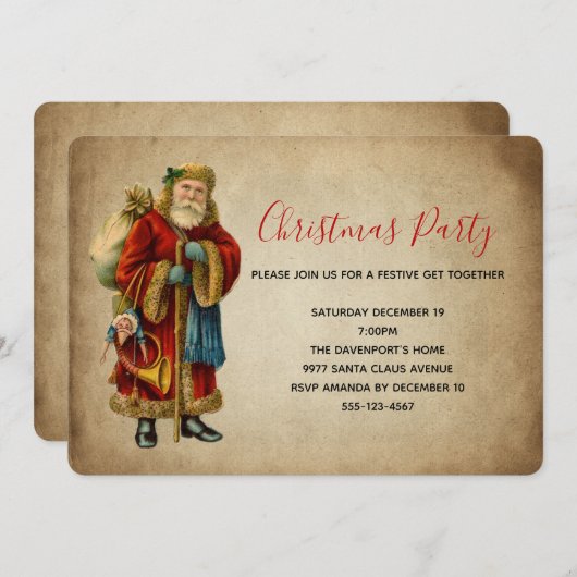 ヴィンテージオールドファッションドサンタクロースパーティー 招待状 (正面/裏面)