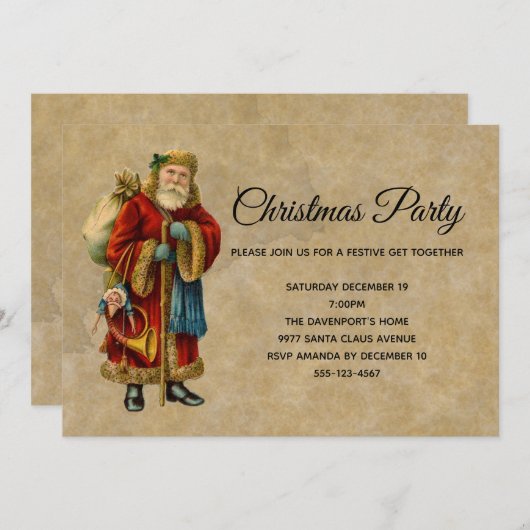 ヴィンテージオールドファッションドサンタクロースパーティー 招待状 (正面/裏面)