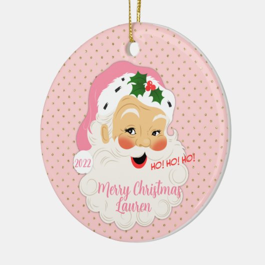 ヴィンテージオールドファッションドサンタ – ピンク金ゴールド水玉模様 セラミックオーナメント (左)