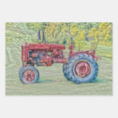 ヴィンテージオールドレッド素朴ファームトラクター ラッピングペーパーシート (正面)