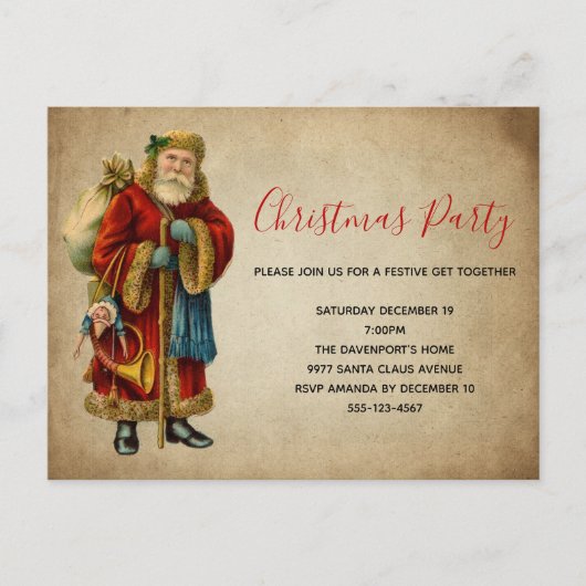 ヴィンテージオールドワールドクリスマスサンタクロース インビテーションポストカード (正面)