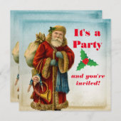 ヴィンテージオールドワールドサンタクリスマスパーティー 招待状 (正面/裏面)