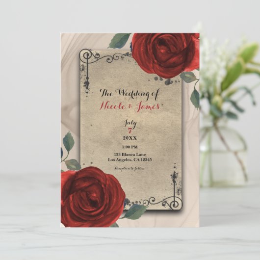 ヴィンテージオールドワールドチャームレッドローゼエレガントな結婚式 招待状 (スタンド正面)