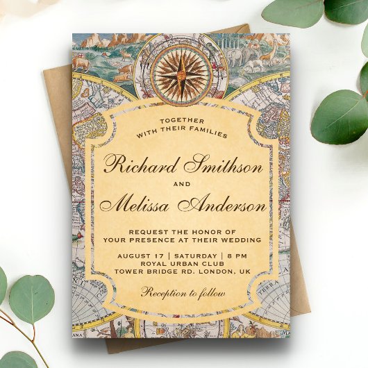 ヴィンテージオールドワールドマップコンパス結婚式招待状 招待状