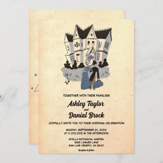 ヴィンテージオールド素朴スタイル新婦レトロ結婚ズ 招待状 (正面/裏面)
