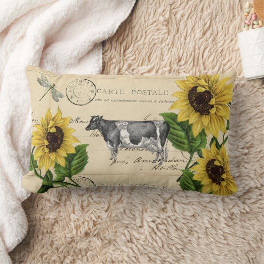 ヴィンテージカウイエローサンフラワーポストカード装飾用クッション ランバークッション (ブランケット)