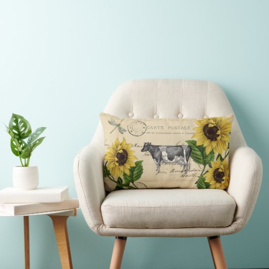 ヴィンテージカウイエローサンフラワーポストカード装飾用クッション ランバークッション (椅子)