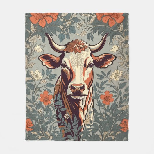 ヴィンテージカウウィリアムインスパイアモリスフローラ フリースブランケット (正面)