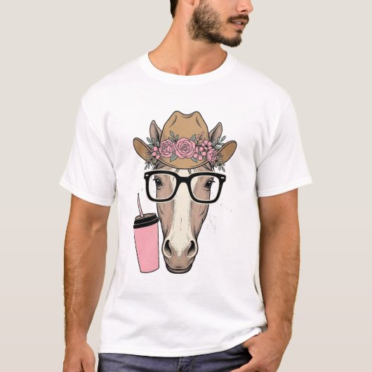 ヴィンテージカウガールと花とピンクドリンクの馬 Tシャツ (正面)