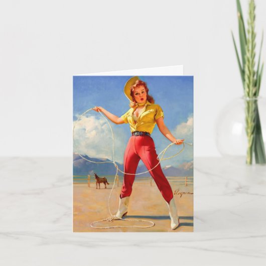 ヴィンテージカウガールと馬の誕生日 カード (正面)