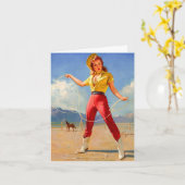 ヴィンテージカウガールと馬の誕生日 カード (黄色い花)