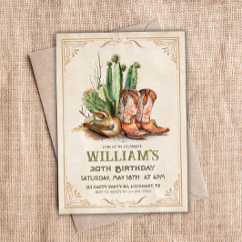 ヴィンテージカウボーイウェスタンブーツハットとデザートサボテン 招待状