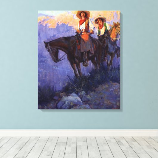 ヴィンテージカウボーイズ、男性と女性の馬、アンダーソン キャンバスプリント (インサイチュ (ウッドフロア))
