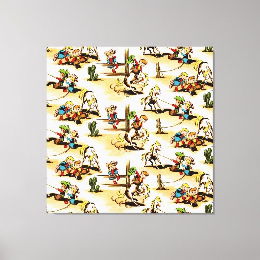 ヴィンテージカウボーイ女性のカーボーイカントリーキッズポニーサボテン キャンバスプリント (正面)