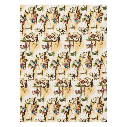 ヴィンテージカウボーイ女性のカーボーイカントリーキッズポニーサボテン テーブルクロス (正面)