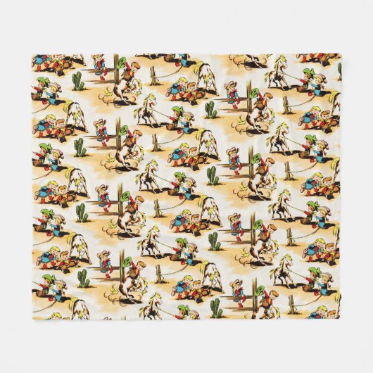 ヴィンテージカウボーイ女性のカーボーイカントリーキッズポニーサボテン フリースブランケット (正面(横))
